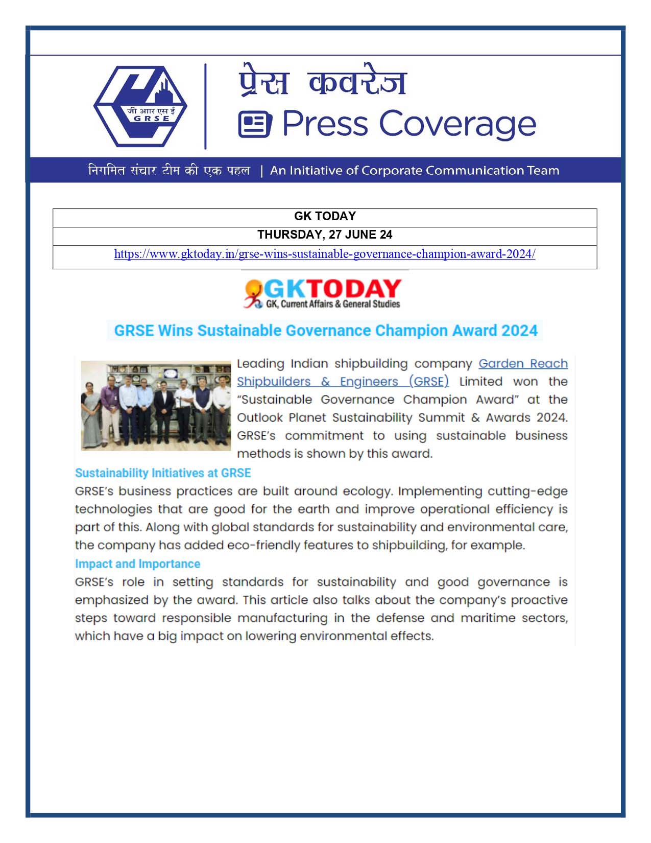 Press Coverage : Adda 24*7 Current Affairs, 27 Jun 24 : GRSE Wins Sustainable Governance Champion Award